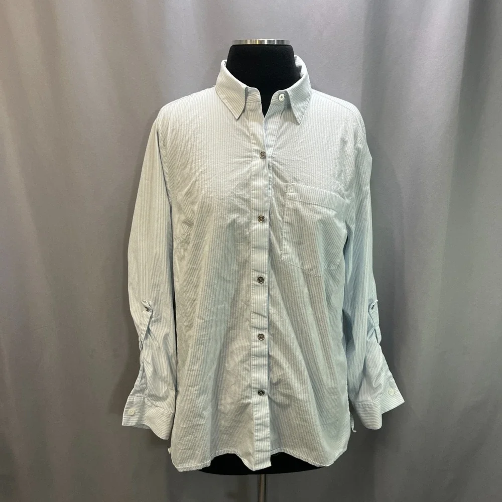 Michael Kors Button Up Shirt Womens L White Blue Striped Roll Tab Sleeve Casual